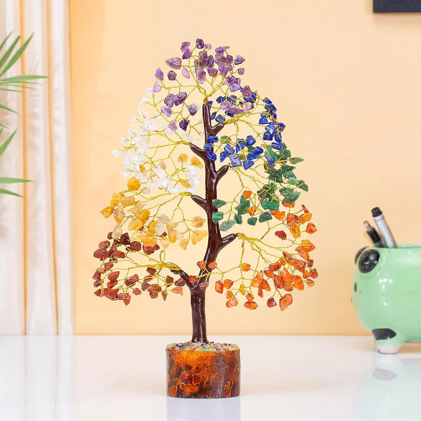 7 Chakra Good Luck Crystal Tree (150 Chips) Wood Base For Wealth & Prosperity, Health, Growth and Positivity